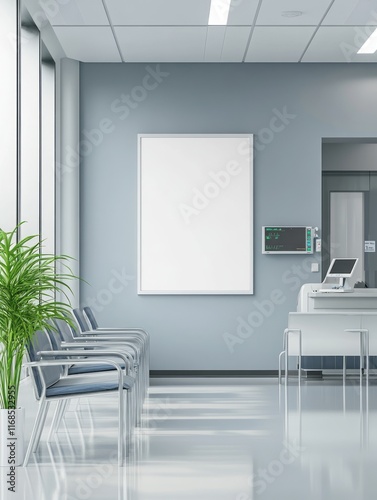 Modern Hospital Waiting Area with Blank Sign