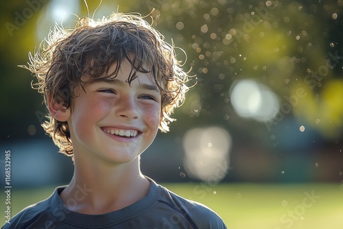 Joyful young boy smiling outdoors during a sunny day at a sports event in a g...