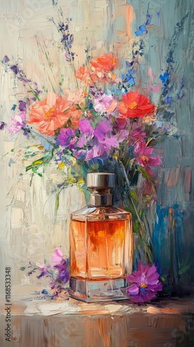 Colorful bouquet with perfume bottle on a wooden surface in a bright setting
