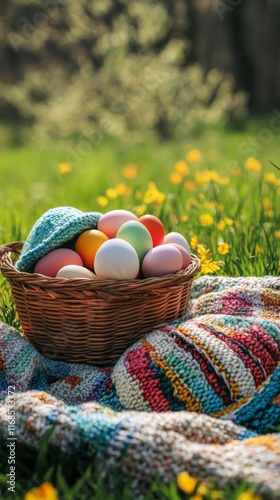 Colorful Easter eggs in a woven basket on a sunny spring day with flowers in ...