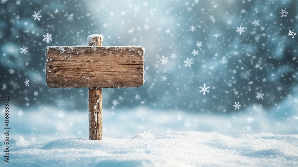 Fototapeta premium A simple wooden sign with a snowy backdrop, surrounded by delicate snowflakes falling gently, encapsulating the tranquility of Christmas.