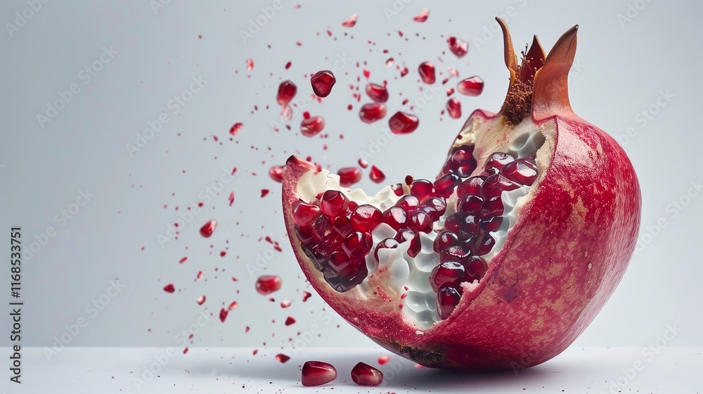 A ripe pomegranate split open to reveal its juicy red seeds, isolated on a white studio background. A ripe pomegranate split open to reveal its juicy red seeds, isolated on a white studio background.