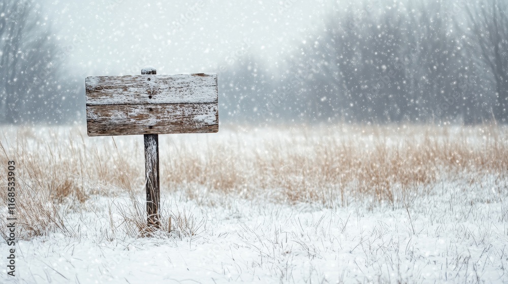 Fototapeta premium A simple wooden sign with a snowy backdrop, surrounded by delicate snowflakes falling gently, encapsulating the tranquility of Christmas.
