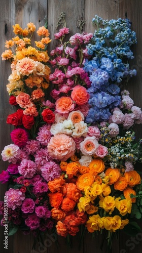 Wallpaper Mural Brightly colored bouquet of wildflowers arranged against a wooden background Torontodigital.ca