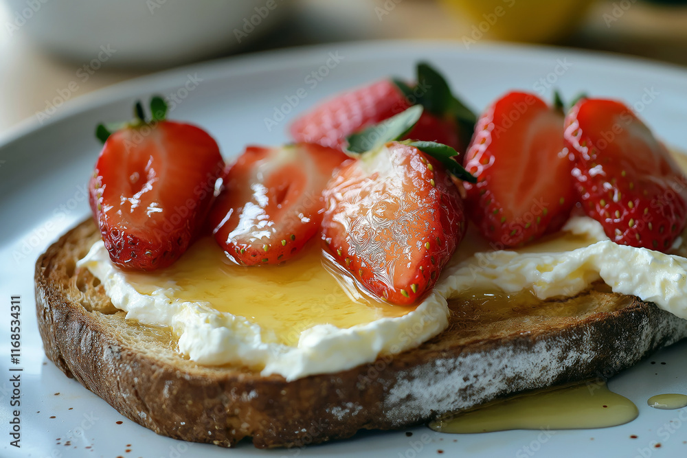 Close-up of creamy mascarpone cheese spread on toast with a drizzle of honey and fresh strawberries. Close-up of creamy mascarpone cheese spread on toast with a drizzle of honey and fresh strawberries.