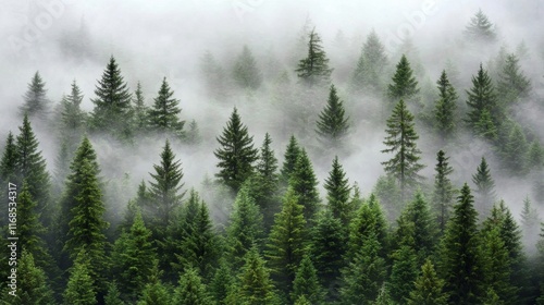 Misty forest landscape showcasing lush green trees and a serene atmosphere at...
