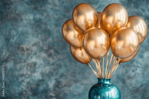 Golden balloons arranged in a decorative vase for a festive occasion in a mod...