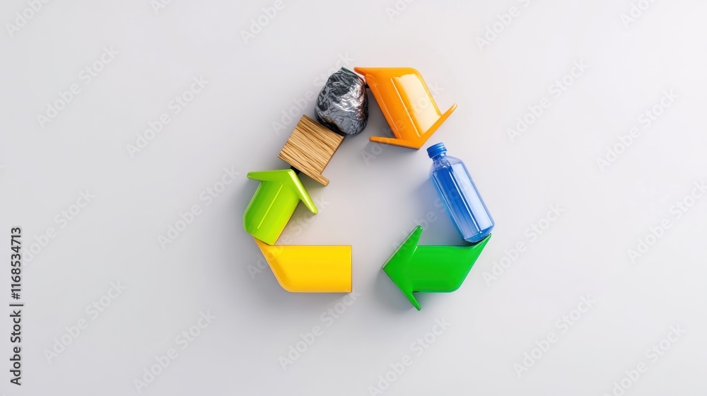 Recycling symbol with various waste items for environmental awareness.