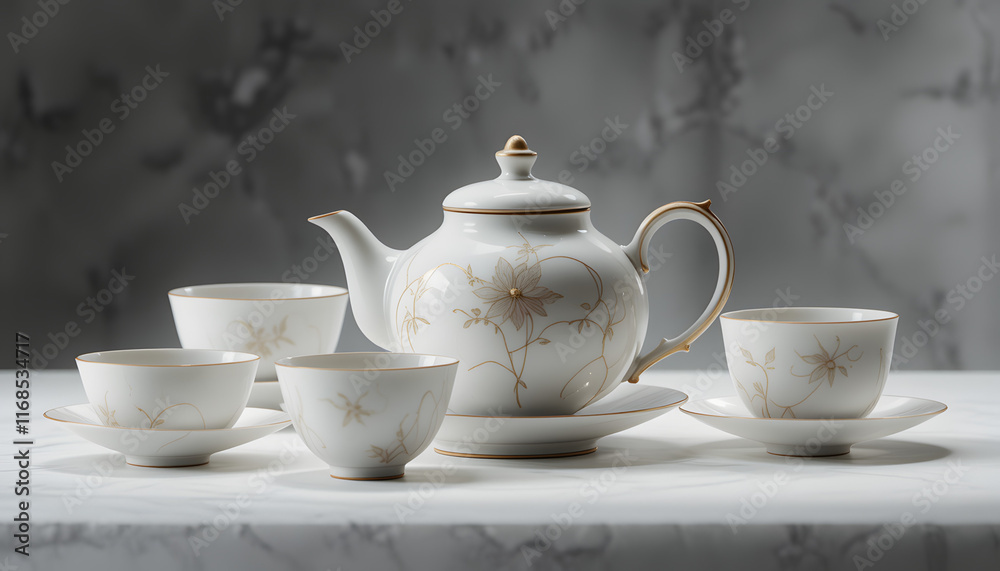 Sophisticated porcelain tea pot and cups set with delicate floral patterns Sophisticated porcelain tea pot and cups set with delicate floral patterns
