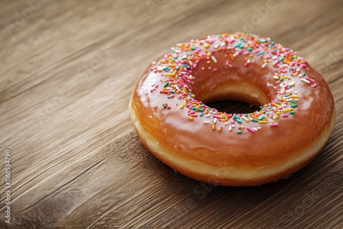 Pink frosted donut with colorful sprinkles resting on wooden table