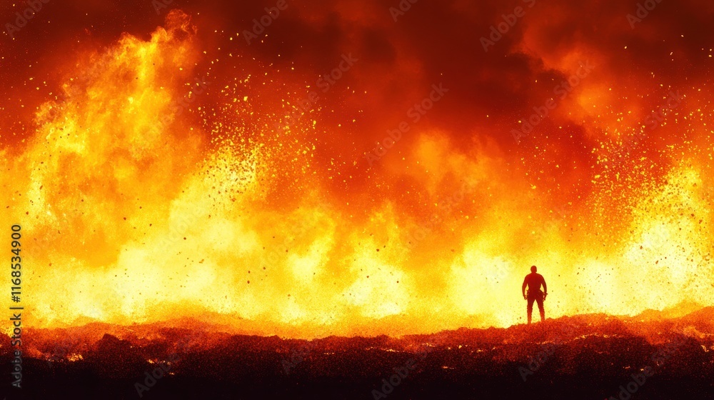 A lone figure silhouetted against a massive, intense wildfire.