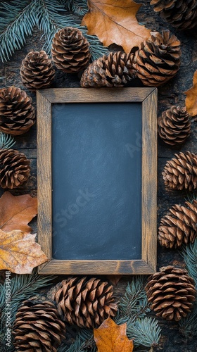 Wooden frame surrounded by pinecones and autumn leaves on a dark background