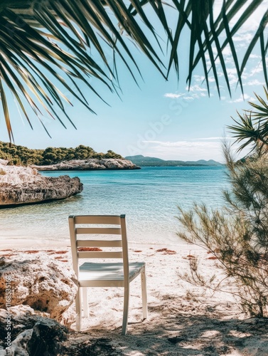 White chair on secluded beach scenic view