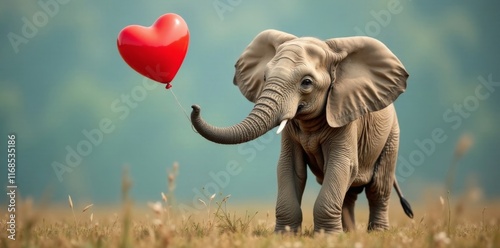 Elephant calf proudly displays red heart balloon in trunk , elephant calf, red heart