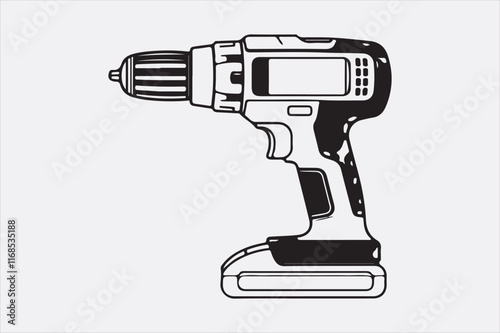 A minimalist black-and-white illustration of a cordless power drill focusing on clean lines and a modern design.