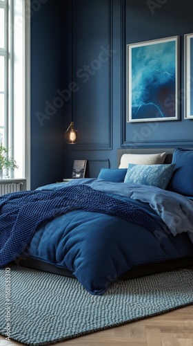 Elegant bedroom interior with blue walls and wooden furniture for a cozy atmo...