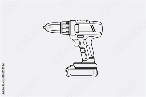 A minimalist black-and-white illustration of a cordless power drill focusing on clean lines and a modern design.