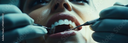 A woman is getting her teeth cleaned by a dentist