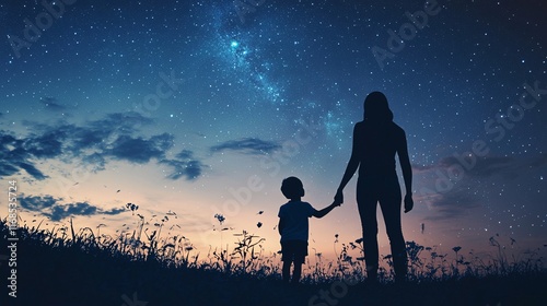 Mother Teaching Child Under Stars
