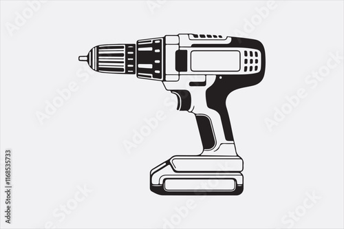 A minimalist black-and-white illustration of a cordless power drill focusing on clean lines and a modern design.