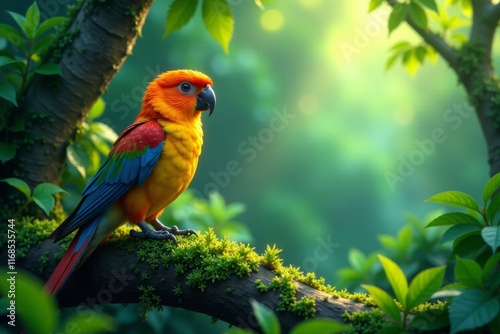 Enchanting being with bird-like features amidst lush greenery, captivating, winged photo