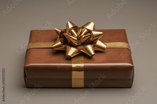 Elegant gift box with golden ribbon and bow on a neutral background