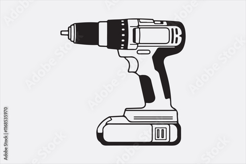 A minimalist black-and-white illustration of a cordless power drill focusing on clean lines and a modern design.