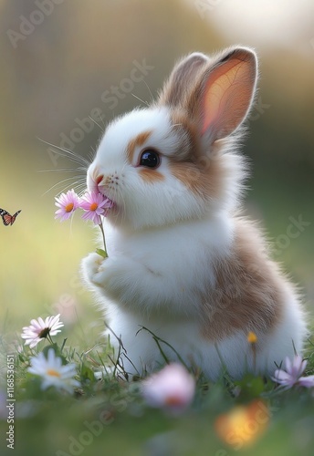 Cute bunny holding a flower surrounded by butterflies in a sunny meadow