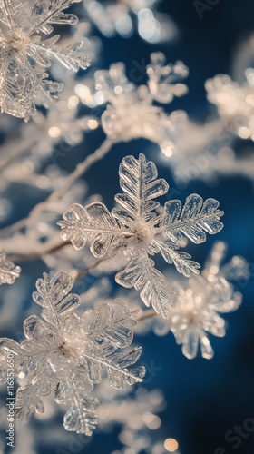 Frost-covered pine branches glisten in winter light near a serene forest