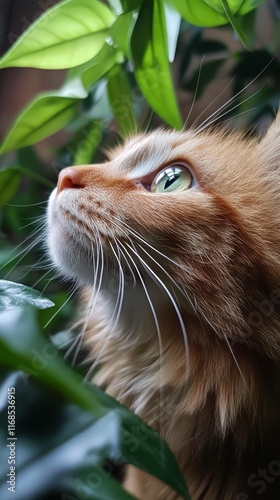 Majestic ginger cat exploring lush green foliage in a serene setting