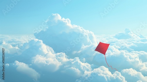 A solitary red kite flying high in the sky against a backdrop of white fluffy clouds and a soft blue sky. photo