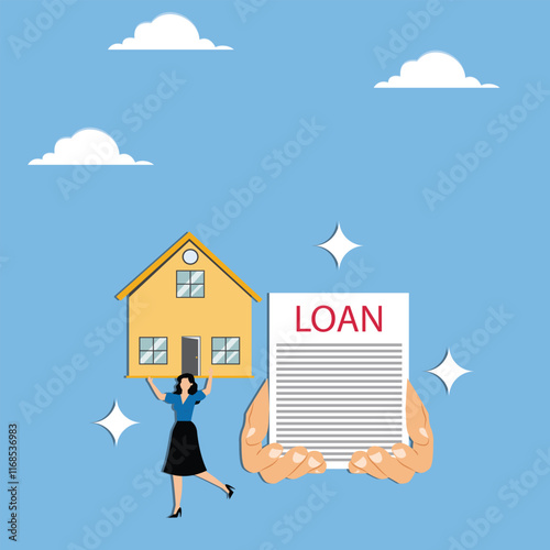 Paying off a home loan, debt or loan problems, running out of money to pay off a mortgage, debt crisis, chasing a businesswoman with a loan contract in his hand carrying a house on his shoulder