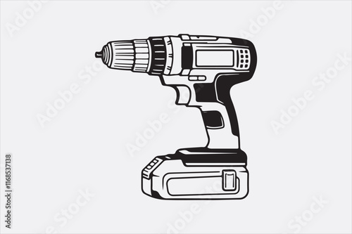 A minimalist black-and-white illustration of a cordless power drill focusing on clean lines and a modern design.