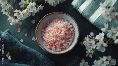 Pink salt in a bowl surrounded by blossoms and towels on a dark surface