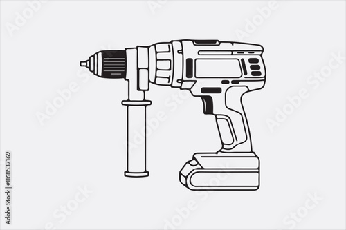 A minimalist black-and-white illustration of a cordless power drill focusing on clean lines and a modern design.