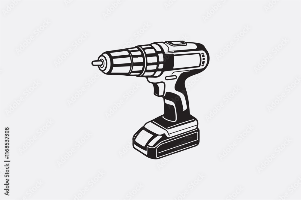 A minimalist black-and-white illustration of a cordless power drill focusing on clean lines and a modern design. A minimalist black-and-white illustration of a cordless power drill focusing on clean lines and a modern design.