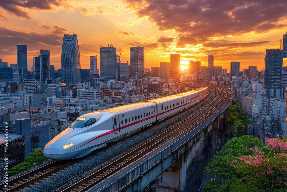 Naklejka premium Train Gliding Along Elevated Tracks at Golden Hour