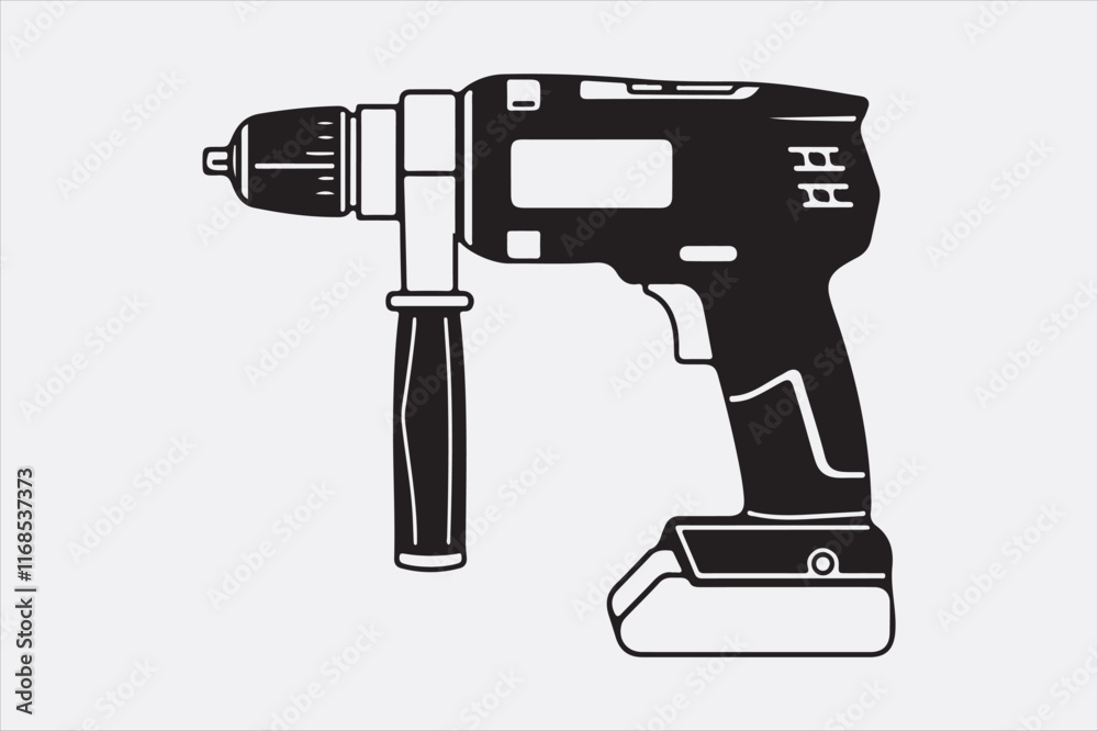 A minimalist black-and-white illustration of a cordless power drill focusing on clean lines and a modern design. A minimalist black-and-white illustration of a cordless power drill focusing on clean lines and a modern design.