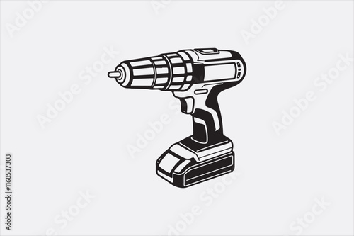 A minimalist black-and-white illustration of a cordless power drill focusing on clean lines and a modern design.