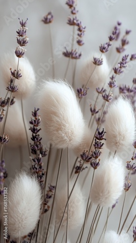 Soft white and purple flowers arranged in a beautiful display on a neutral ba...
