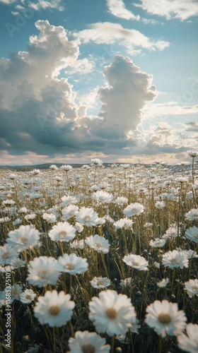 Beautiful field of white flowers under a blue sky with clouds at golden hour