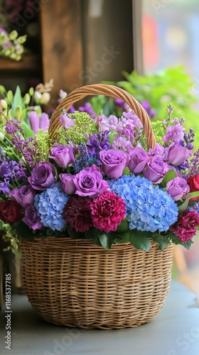 Beautiful purple floral arrangement in a wicker basket for home decor