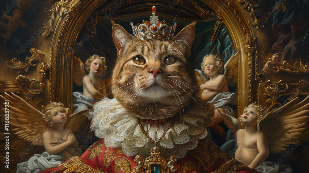 Fototapeta premium Regal cat wearing a crown and royal clothing with worshipping cherubs surrounding its throne. Funny pet portrait.