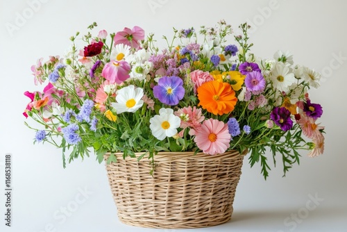 Colorful flower arrangement in a woven basket on a neutral background
