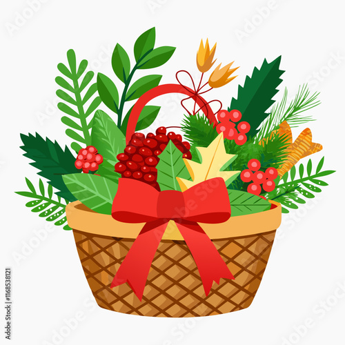 Festive Woven Gift Basket with Pinecones, Holiday Gifts, and Decorative Elements. A beautifully woven gift basket filled with festive elements