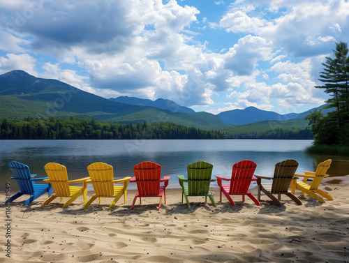 Eight vibrant chairs sit on the sandy beach with a backdrop of a serene lake, majestic mountains, and fluffy clouds.