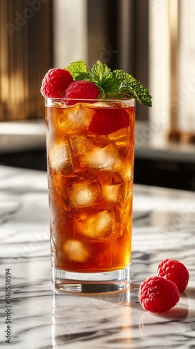 Refreshing iced tea with raspberries and mint served in a clear glass