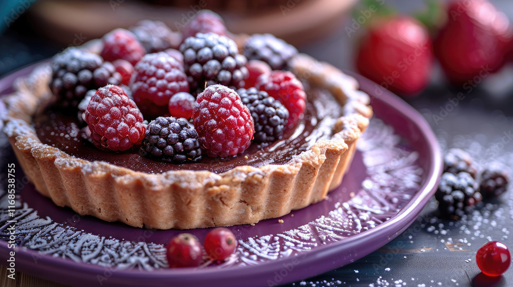 A tart with a rich chocolate filling and berry topping, served on a deep purple dish with snowy white accent. A tart with a rich chocolate filling and berry topping, served on a deep purple dish with snowy white accent.
