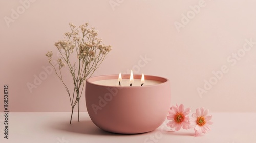 Elegant candle and delicate blossoms create a serene ambiance in a softly lit...