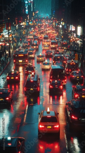 Nighttime urban traffic in a busy city with colorful lights illuminating the ...